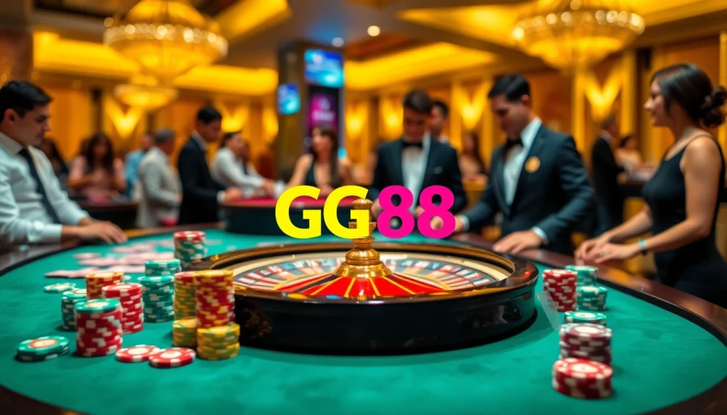 Betting action at GG88 casino showing a roulette wheel and poker chips amidst a luxurious atmosphere.