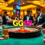 Betting action at GG88 casino showing a roulette wheel and poker chips amidst a luxurious atmosphere.