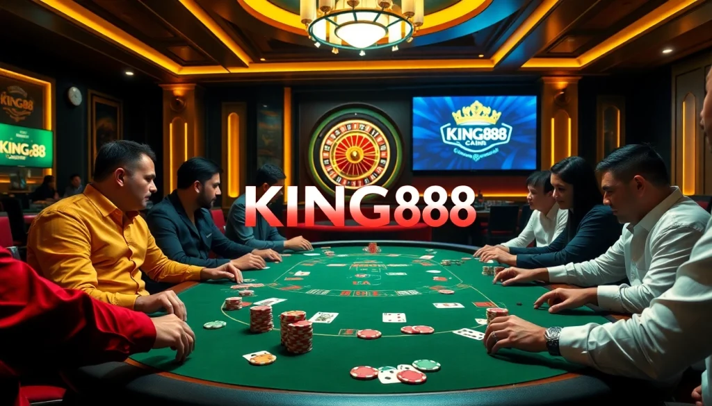 Players strategizing at a lavish casino table showcasing KING88 elements for an engaging experience.