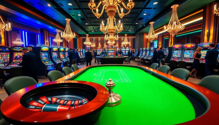 Experience the thrilling atmosphere of gambling at Five88 with elegant casino tables, bright slot machines, and enthusiastic players.