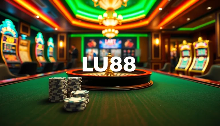 Experience the excitement of gambling on https://lu88.us.org/ with a luxurious casino setting showcasing poker chips and slot machines.
