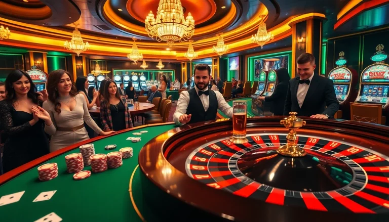 Players enjoying the thrill of casino games at 5Z7779 com, featuring roulette and poker chips.