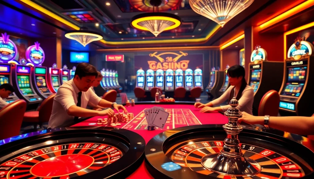 Players enjoying a thrilling game at new88 com casino table, showcasing chips and cards.