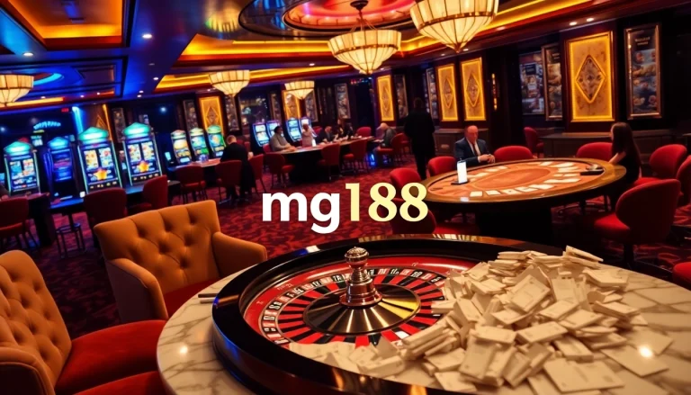 Players enjoying the thrilling gambling experience at mg188 casino with roulette and poker tables.