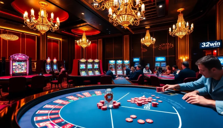 Engaging players at 32win’s luxurious casino tables surrounded by vibrant slot machines.