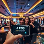 XX88 online gambling platform with joyful players celebrating wins, showcasing innovation