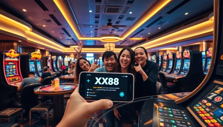 XX88 online gambling platform with joyful players celebrating wins, showcasing innovation