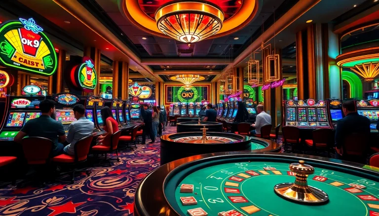 OK9 casino scene showcasing vibrant slot machines and excited players at poker tables.