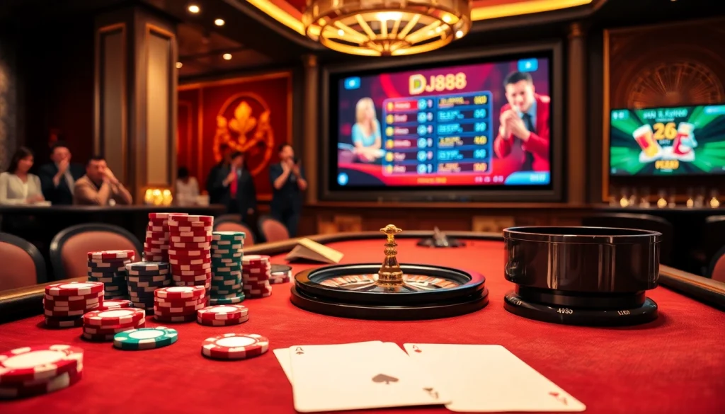 Engage in Đá Gà Thomo BJ888 at a vibrant casino table with poker chips and roulette.