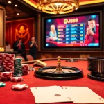 Engage in Đá Gà Thomo BJ888 at a vibrant casino table with poker chips and roulette.