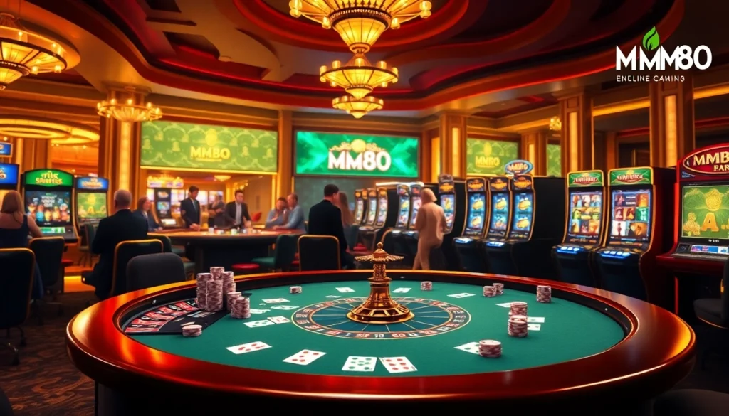 Players enjoying engaging online casino games at MM88, featuring poker tables and slot machines.
