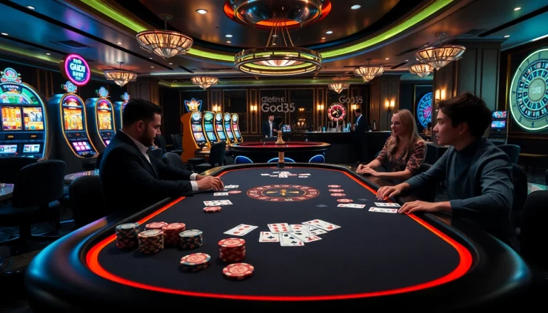Feel the excitement of God345 as players engage passionately at a lavish casino poker table.