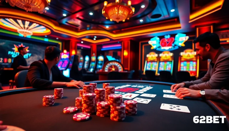 Engaging casino action at 622BET featuring a vibrant poker table and roulette wheel.