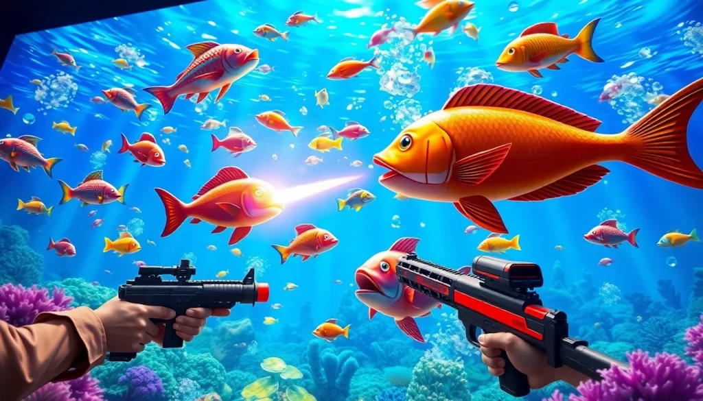 Bắn cá đổi thưởng game with colorful underwater visuals and players actively shooting fish.