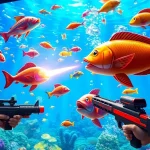 Bắn cá đổi thưởng game with colorful underwater visuals and players actively shooting fish.