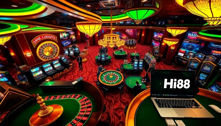 Experience the thrill of gambling at Hi88 with exciting game tables, vibrant colors, and engaged players.