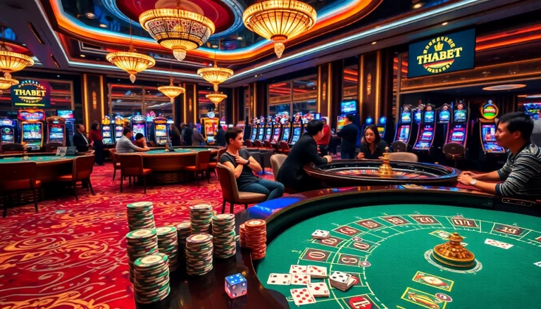 Players enjoying games at THABET Casino with vibrant poker tables and dynamic slot machines.