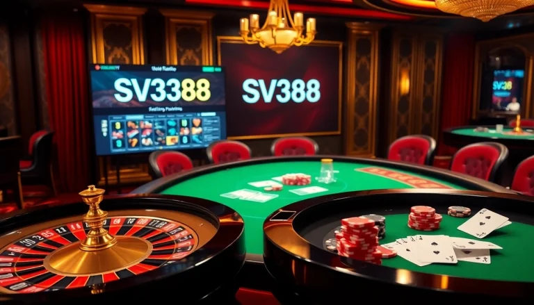 Engaging scene of gambling at SV388 casino with poker, roulette, and online betting.
