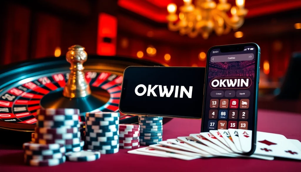 Experience the excitement of online gaming with OKWIN đăng nhập, featuring vibrant casino elements and a sleek app interface.