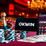 Experience the excitement of online gaming with OKWIN đăng nhập, featuring vibrant casino elements and a sleek app interface.