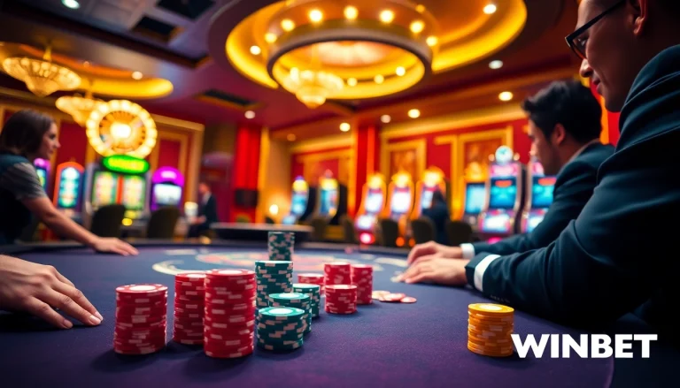 Experience the thrilling atmosphere of WINBET with vibrant casino tables and engaging players.