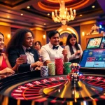Experience the excitement of gambling at https://new88bet.us/ with a vivid casino scene of players and roulette.