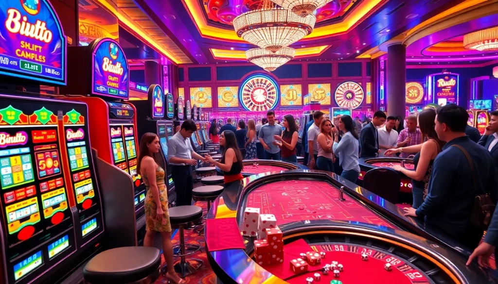 Pemain menikmati mesin slot yang bermerek Birutoto dalam suasana kasino yang ramai.