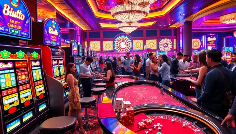 Pemain menikmati mesin slot yang bermerek Birutoto dalam suasana kasino yang ramai.