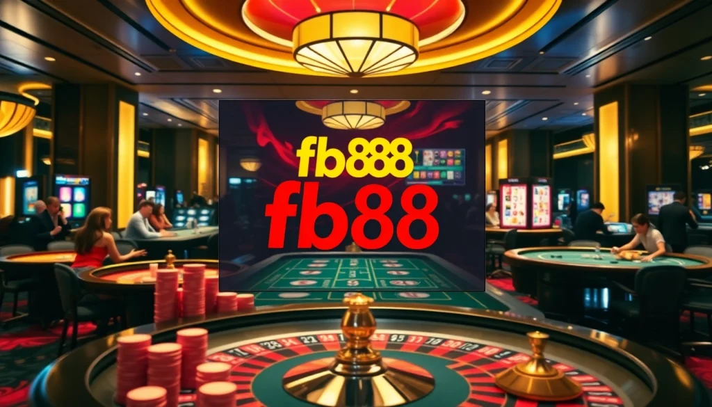 Engage with live gaming excitement at fb88's vibrant casino atmosphere featuring poker tables and roulette wheels.