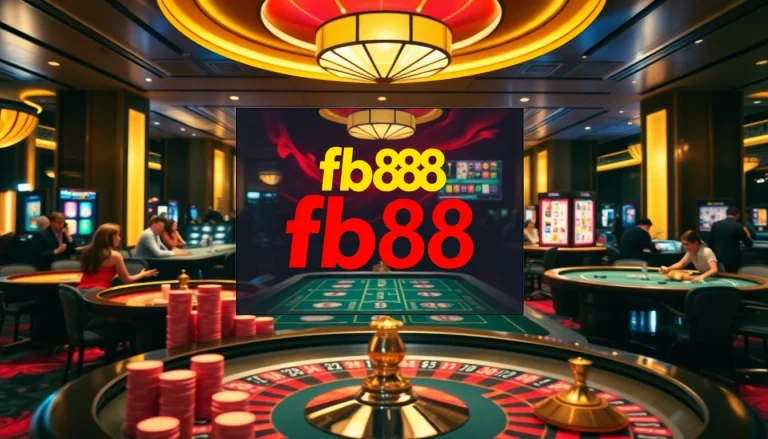 Engage with live gaming excitement at fb88's vibrant casino atmosphere featuring poker tables and roulette wheels.