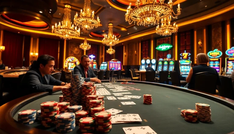 Players strategizing at a glamorous poker table in a casino, embodying the thrill of okbay.