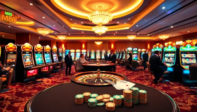 MM88 casino experience with vibrant slot machines and high-stakes poker tables.