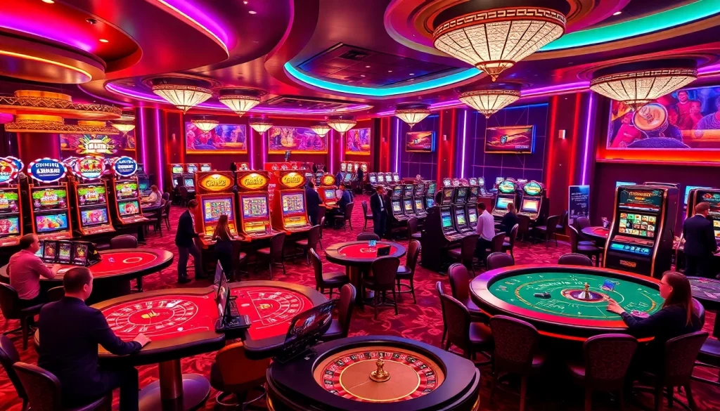 C168 players enjoying the excitement of a vibrant casino gaming scene with poker and slot games.