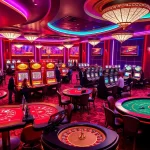 C168 players enjoying the excitement of a vibrant casino gaming scene with poker and slot games.