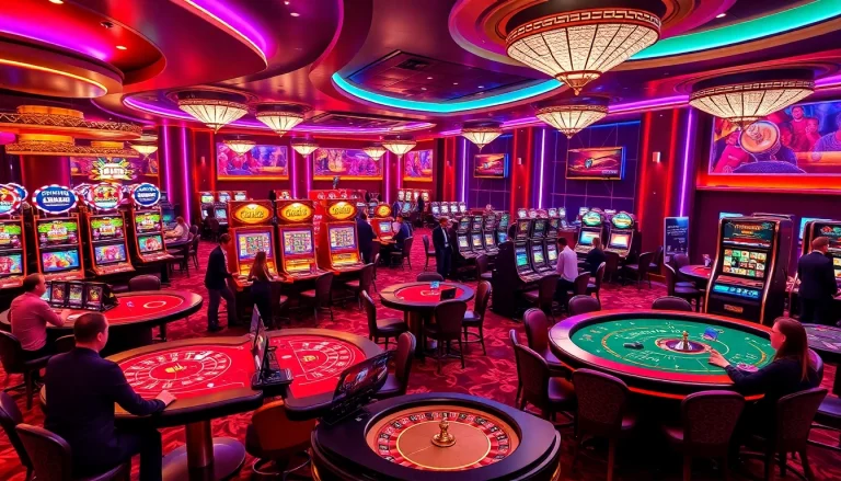 C168 players enjoying the excitement of a vibrant casino gaming scene with poker and slot games.