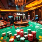Experience thrilling gameplay at 56win’s elegant casino tables filled with vibrant poker chips.