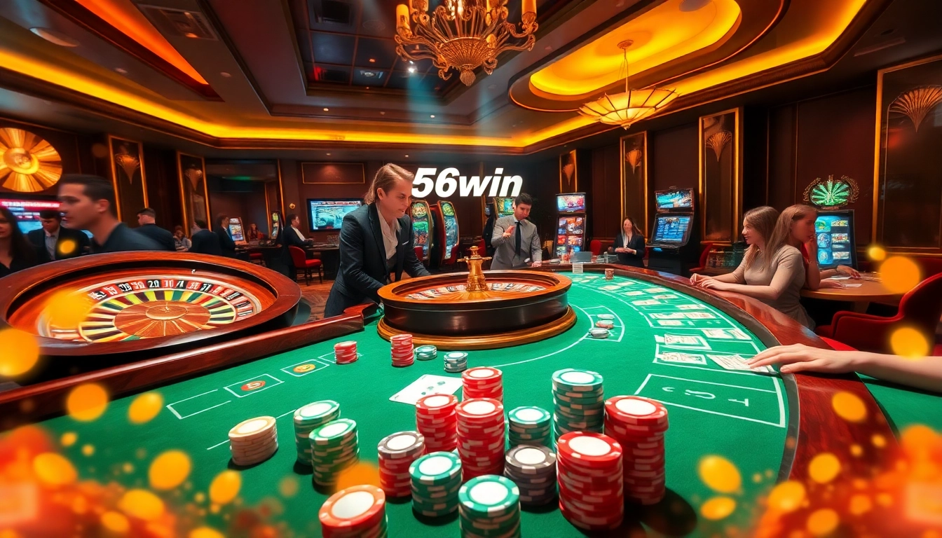 Experience thrilling gameplay at 56win’s elegant casino tables filled with vibrant poker chips.