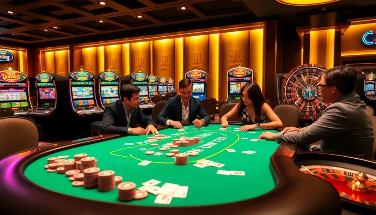 KJC Gaming casino scene showing players at a poker table, surrounded by slot machines.