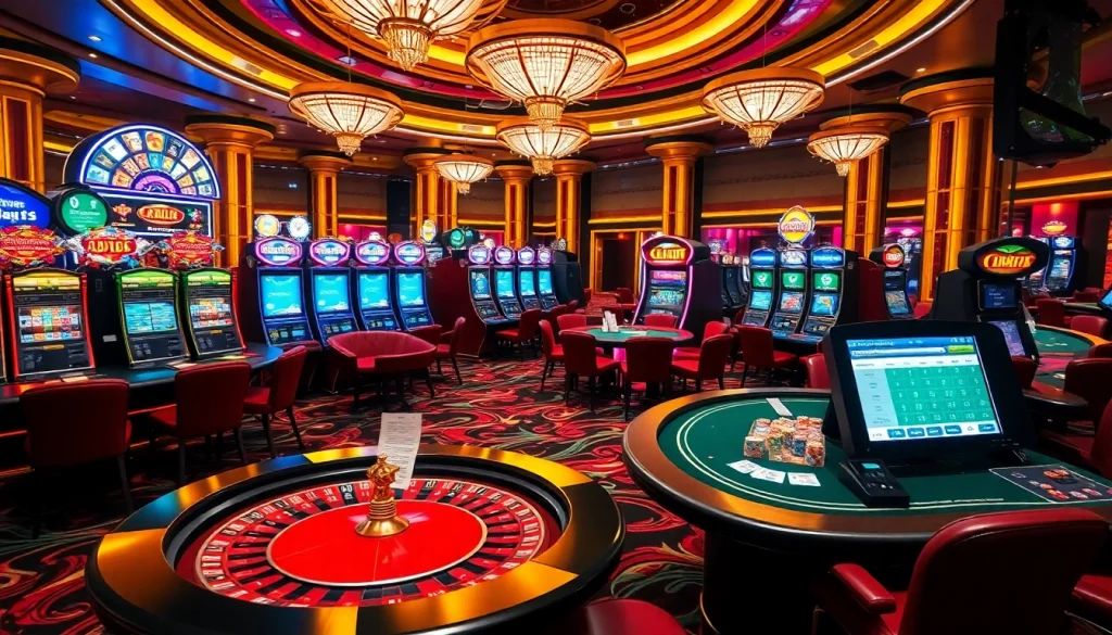 Experience thrilling gambling with a vibrant scene from https://mm88.bar/ showcasing diverse casino tables and games.