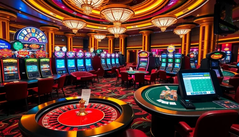 Experience thrilling gambling with a vibrant scene from https://mm88.bar/ showcasing diverse casino tables and games.