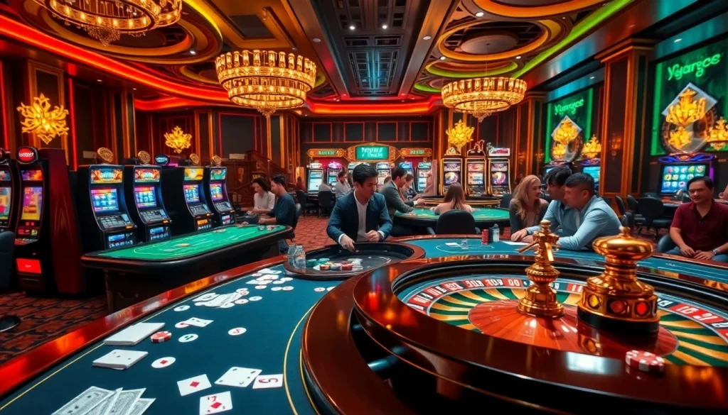 Dynamic casino scene showcasing excitement at nhà cái 789BET with tables, cards, and players.