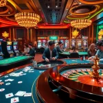 Dynamic casino scene showcasing excitement at nhà cái 789BET with tables, cards, and players.