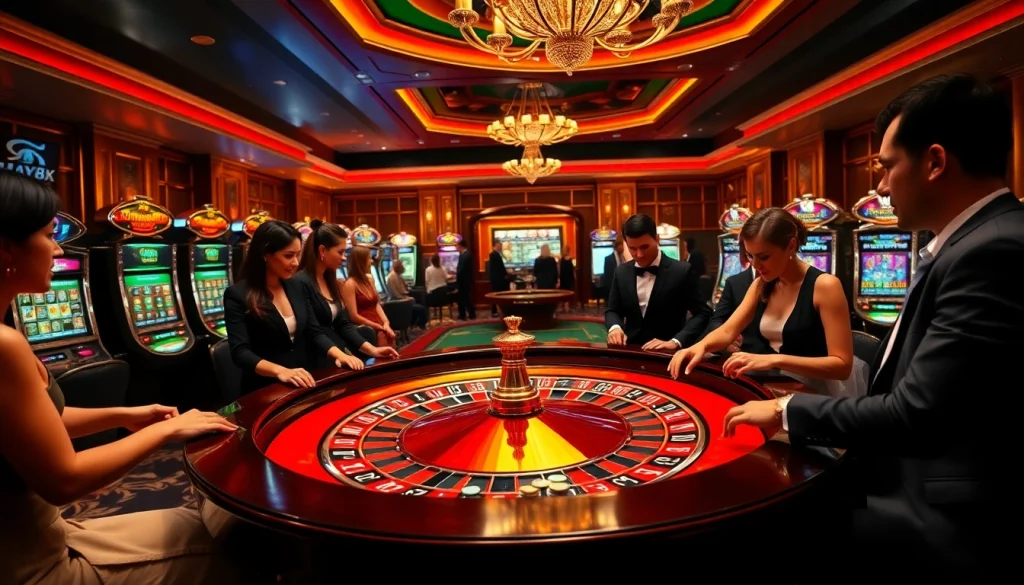 hay88 gamblers strategizing at an elegant casino table with vibrant slot machines
