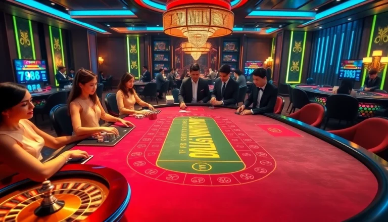 Experience top-tier gaming at 789WIN with an engaging casino atmosphere featuring roulette wheels and blackjack tables.