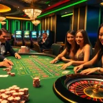 KJC players enjoying a thrilling game at a luxurious casino table surrounded by vibrant gambling elements.