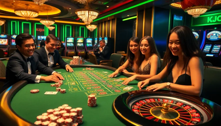 KJC players enjoying a thrilling game at a luxurious casino table surrounded by vibrant gambling elements.