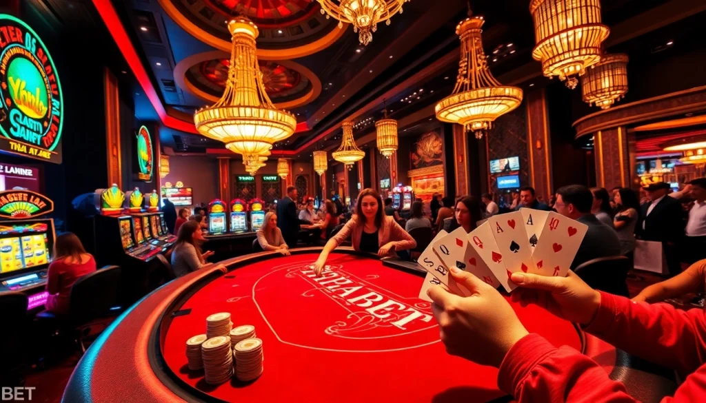 Experience high-stakes poker excitement at THABET casino with vibrant card tables and flashing slot machines.