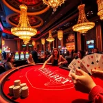 Experience high-stakes poker excitement at THABET casino with vibrant card tables and flashing slot machines.