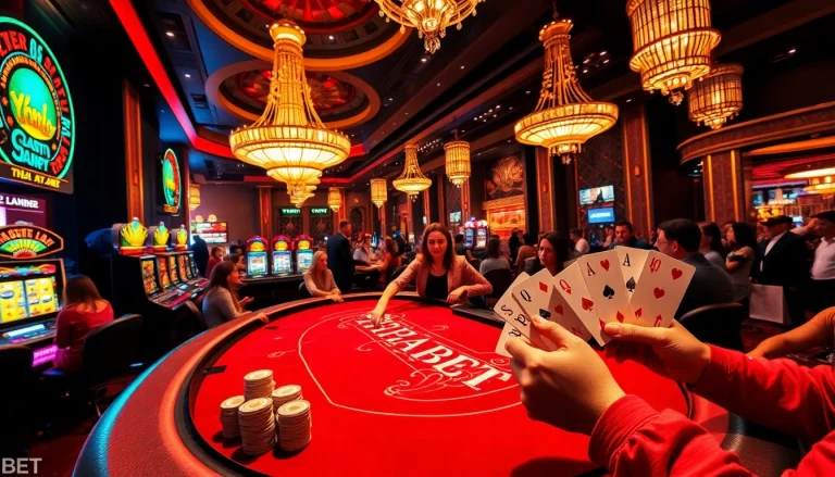 Experience high-stakes poker excitement at THABET casino with vibrant card tables and flashing slot machines.