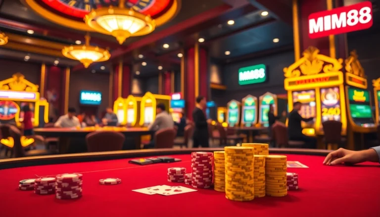 Experience the thrill of MM88 casino with vibrant poker chips and a spinning roulette wheel.